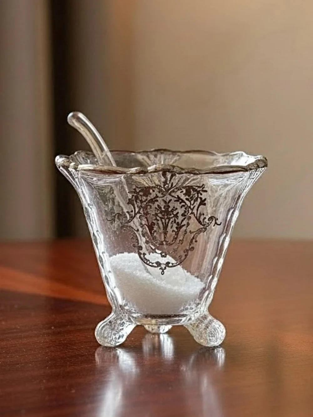 Vintage Heisey Empress Bowl with Ladle Silver Overlay Condiment Dish Candy Bowl
